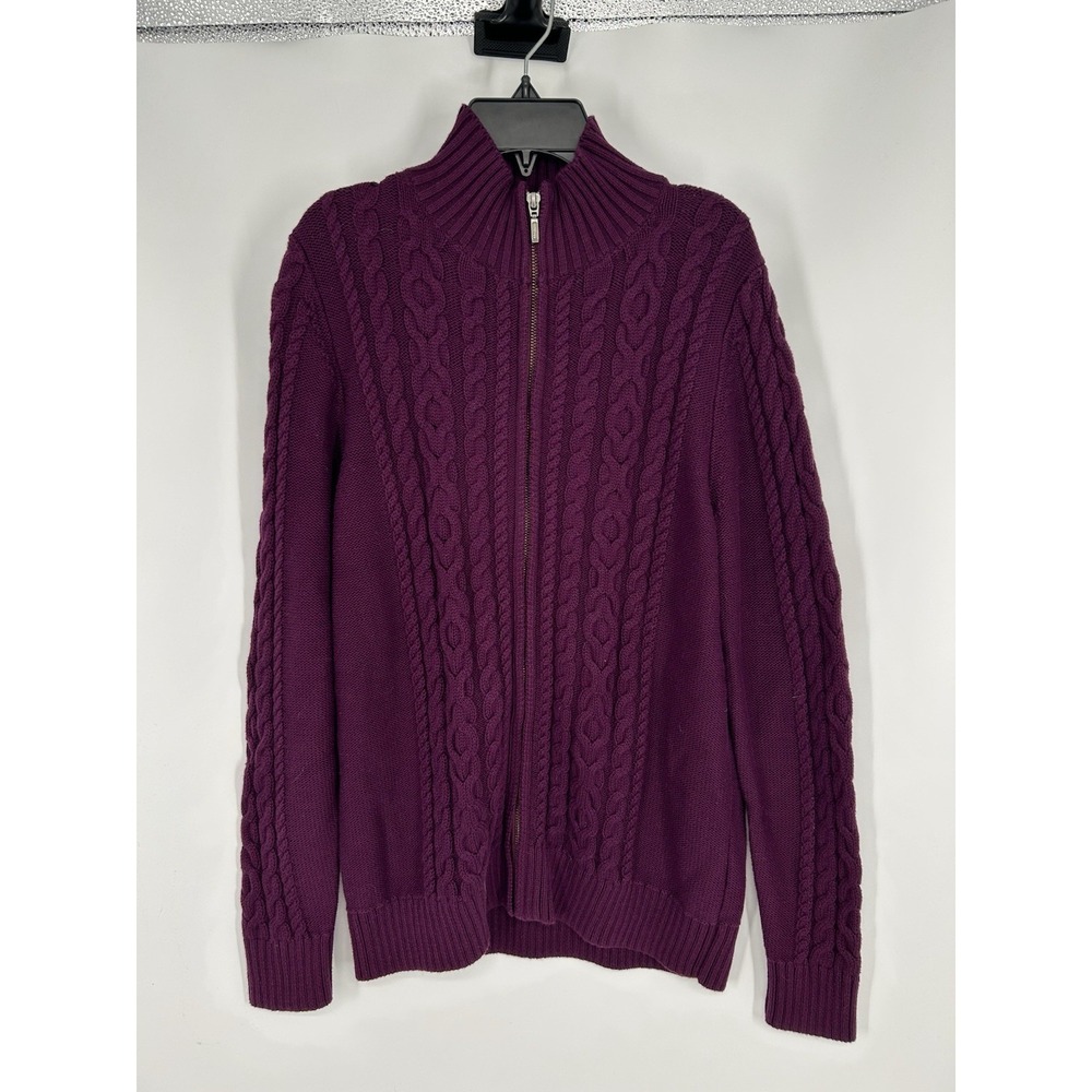 LL Bean Double L Full Zip Up Cable Knit Sweater Jacket Purple Women Large 298836